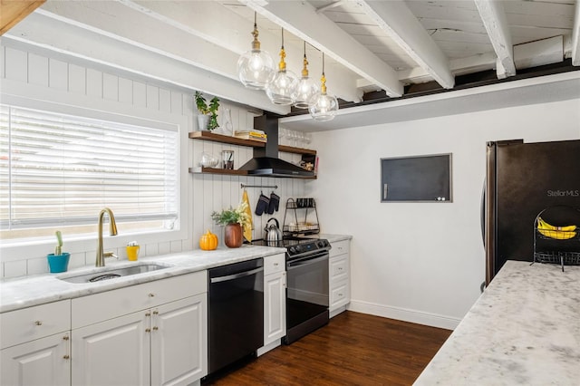 kitchen featuring appliances with stainless steel finishes, wall chimney exhaust hood, dark wood-type flooring, sink, and white cabinetry