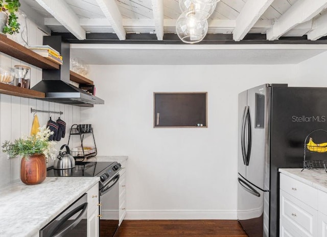 kitchen featuring range with electric stovetop, stainless steel fridge, dishwasher, wall chimney range hood, and white cabinets