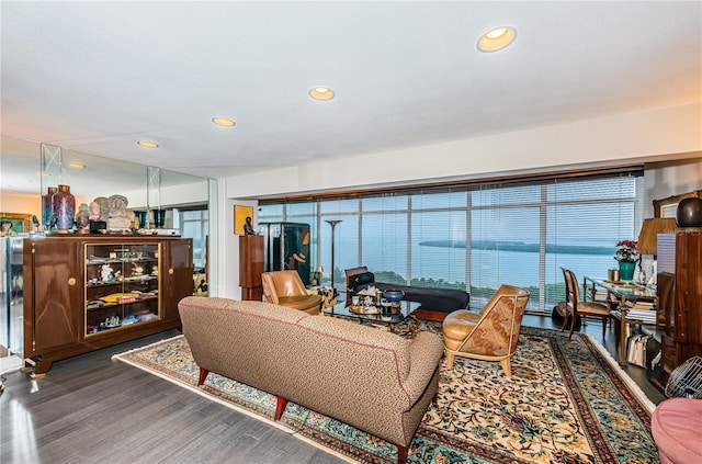 living room featuring hardwood / wood-style flooring and a water view