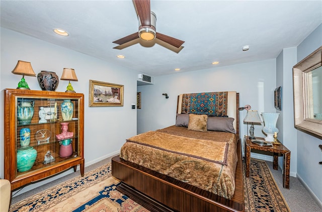 bedroom featuring carpet flooring and ceiling fan