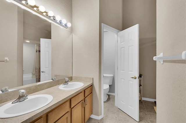 full bathroom with tile patterned floors, vanity, shower / bathtub combination with curtain, and toilet