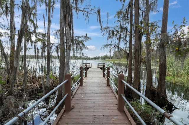 view of dock with a water view