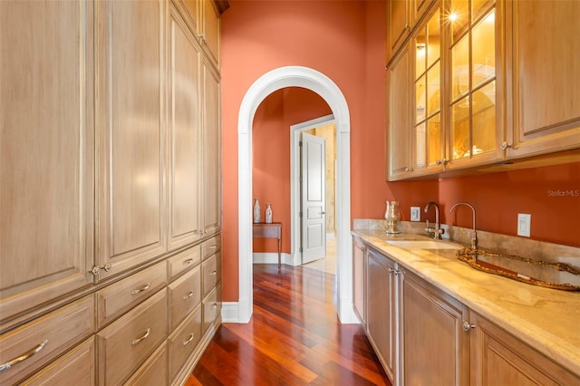 101 12th St E, Tierra Verde, FL 33715 - indoor wet bar featuring dark wood-style floors, arched walkways, and baseboards