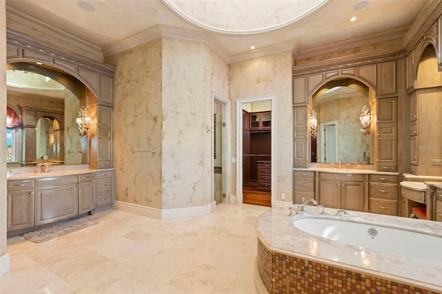 bathroom with crown molding, tiled bath, and vanity