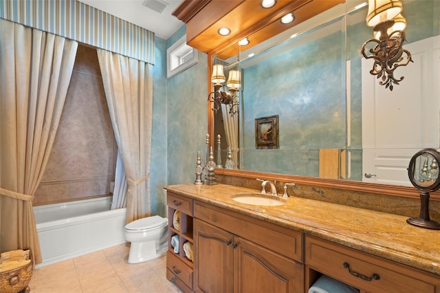 full bathroom featuring toilet, tile patterned flooring, vanity, and shower / tub combo with curtain