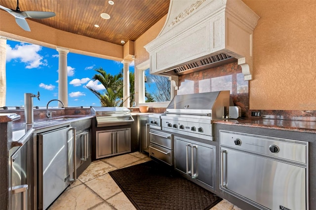 view of patio / terrace with ceiling fan, sink, exterior kitchen, and grilling area