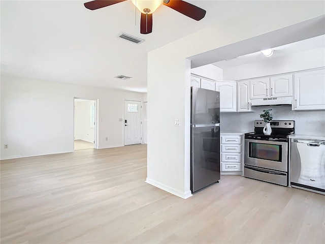 kitchen with ceiling fan, light hardwood / wood-style floors, white cabinetry, and stainless steel appliances