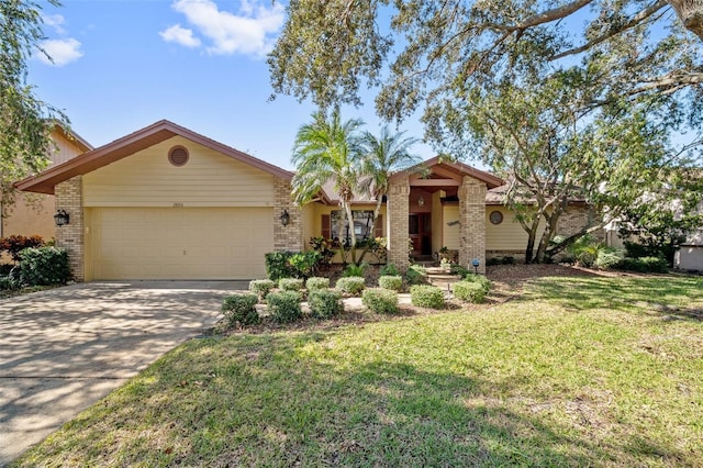 ranch-style house with a front yard and a garage