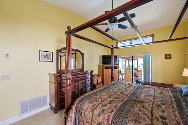 tiled bedroom with ceiling fan