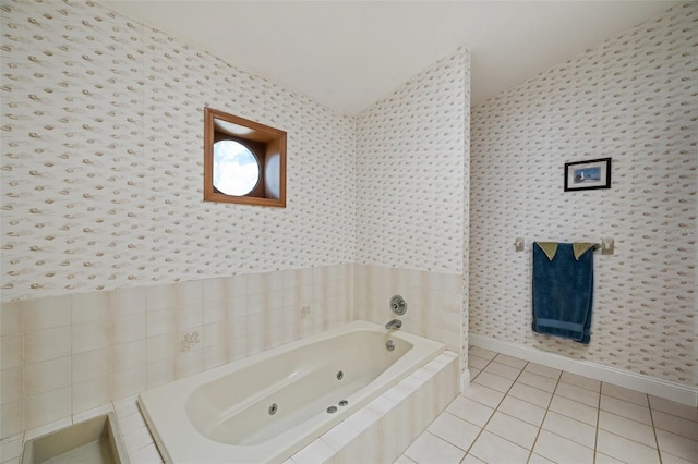 bathroom featuring a relaxing tiled tub and tile patterned floors