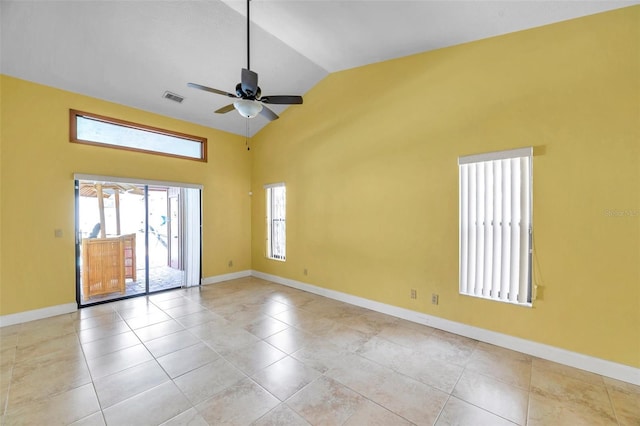 unfurnished room featuring light tile patterned floors, high vaulted ceiling, and ceiling fan