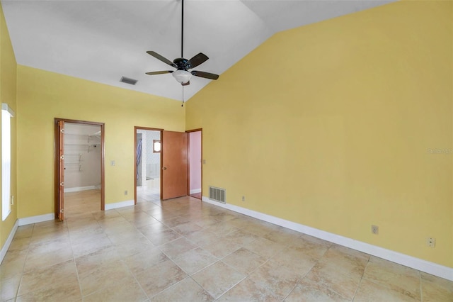 unfurnished bedroom featuring high vaulted ceiling and ceiling fan