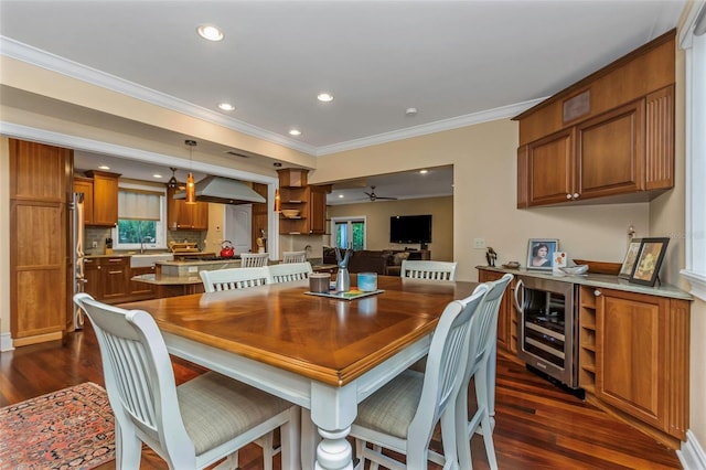 dining area featuring ornamental molding, dark wood-type flooring, ceiling fan, and beverage cooler