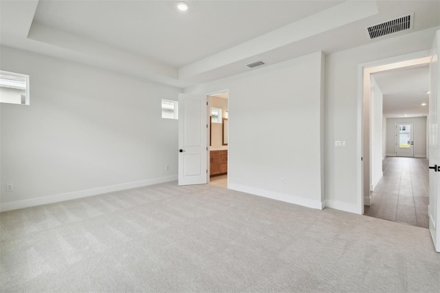 spare room featuring light carpet and a raised ceiling