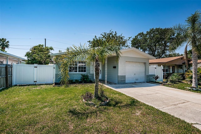 ranch-style house with a garage and a front lawn