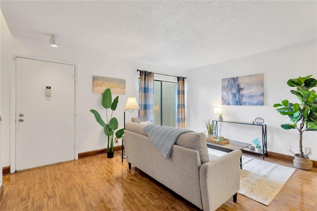 living room featuring a textured ceiling and hardwood / wood-style flooring