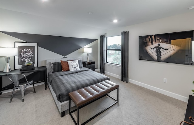 bedroom with light carpet