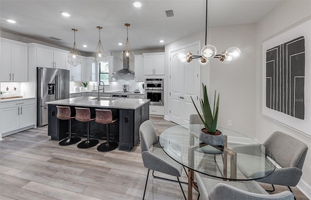 kitchen featuring stainless steel appliances, a kitchen island with sink, a kitchen breakfast bar, pendant lighting, and light wood-type flooring