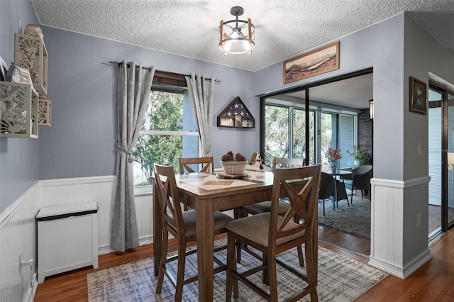 dining area featuring dark hardwood / wood-style floors, a textured ceiling, and radiator heating unit