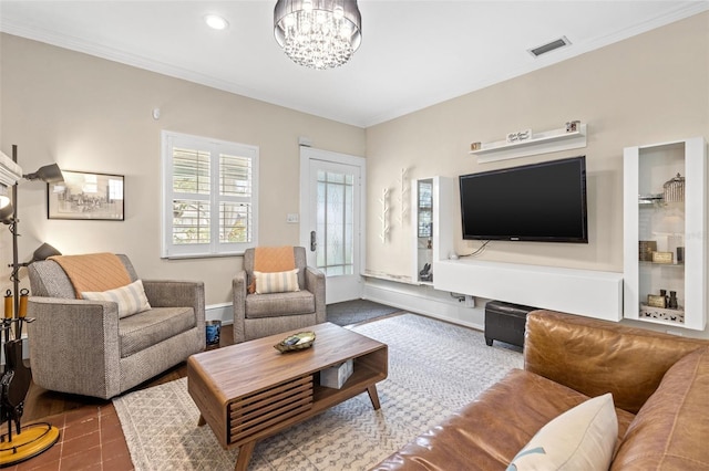 tiled living room with a chandelier and ornamental molding