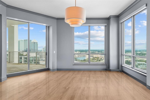 spare room featuring ornamental molding, plenty of natural light, and light hardwood / wood-style floors