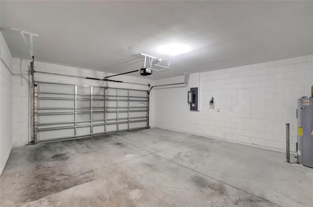 garage with water heater, a garage door opener, and electric panel