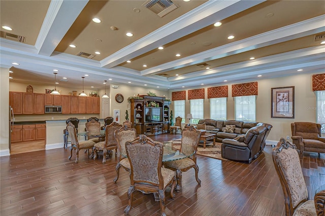 living room with dark hardwood / wood-style floors, beam ceiling, and ornamental molding