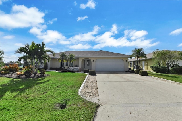 ranch-style house with a front yard and a garage