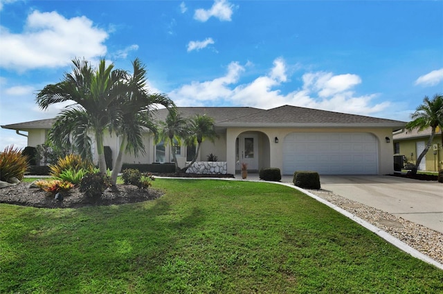 ranch-style home with a front lawn and a garage