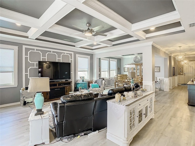 living room with ceiling fan with notable chandelier, light wood-type flooring, and coffered ceiling