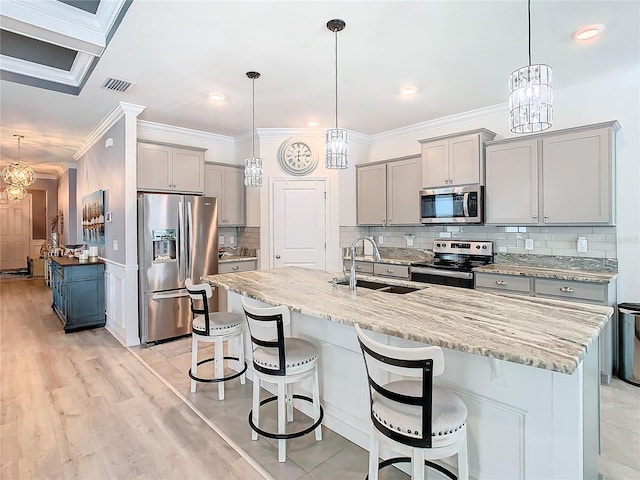 kitchen with hanging light fixtures, sink, stainless steel appliances, and a kitchen island with sink