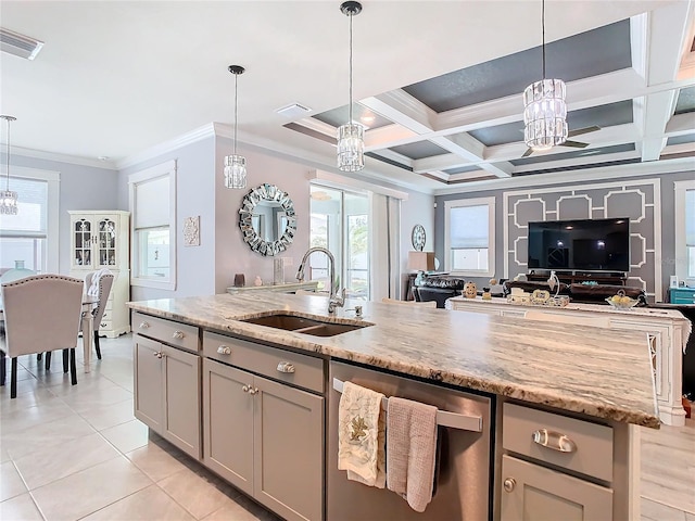 kitchen featuring coffered ceiling, sink, decorative light fixtures, dishwasher, and gray cabinets