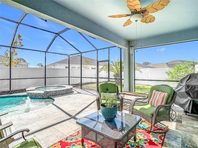 exterior space featuring pool water feature, ceiling fan, a pool with hot tub, and glass enclosure