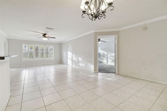 tiled spare room with ceiling fan with notable chandelier, a textured ceiling, and crown molding