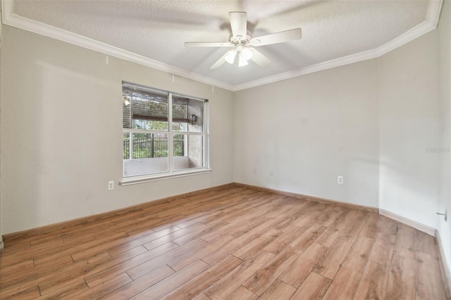 unfurnished room featuring crown molding, light hardwood / wood-style flooring, a textured ceiling, and ceiling fan