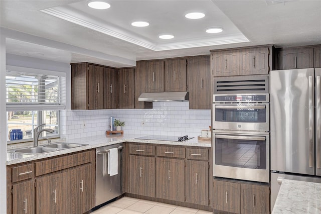 kitchen featuring appliances with stainless steel finishes, sink, a tray ceiling, and light tile patterned floors