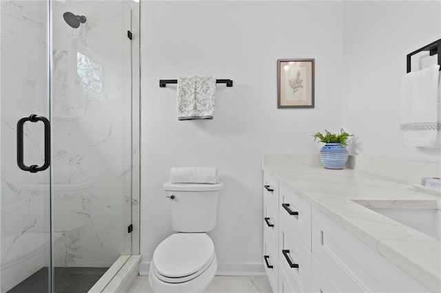 bathroom with marble finish floor, a marble finish shower, toilet, and baseboards