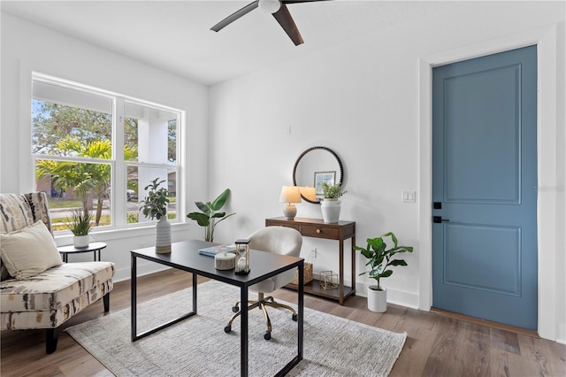 office area featuring ceiling fan, baseboards, and wood finished floors