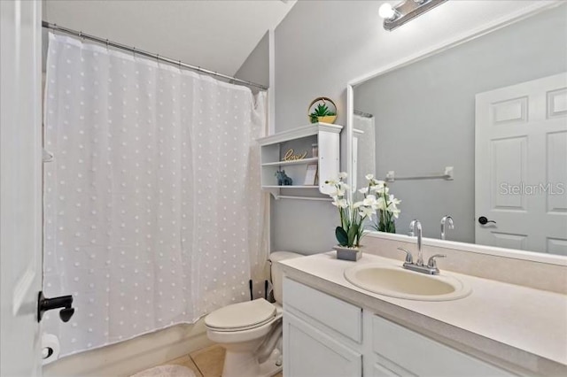 full bathroom featuring tile patterned floors, vanity, shower / bathtub combination with curtain, and toilet