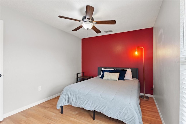 bedroom with hardwood / wood-style floors and ceiling fan