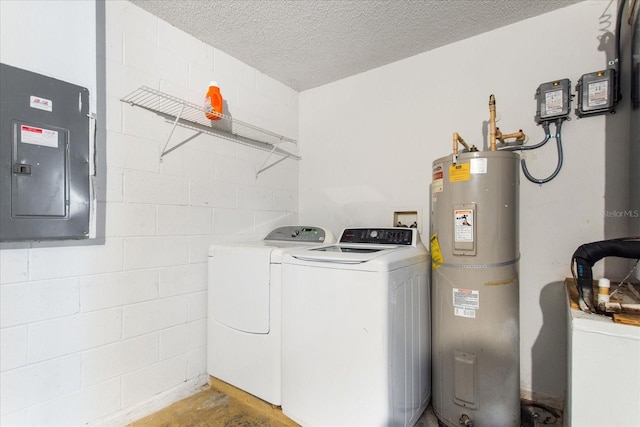 laundry room with washer and clothes dryer, a textured ceiling, electric panel, and water heater