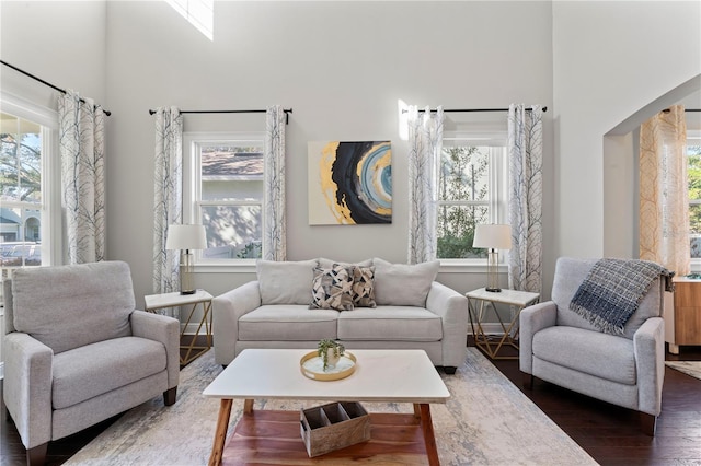 living room with plenty of natural light and dark hardwood / wood-style floors