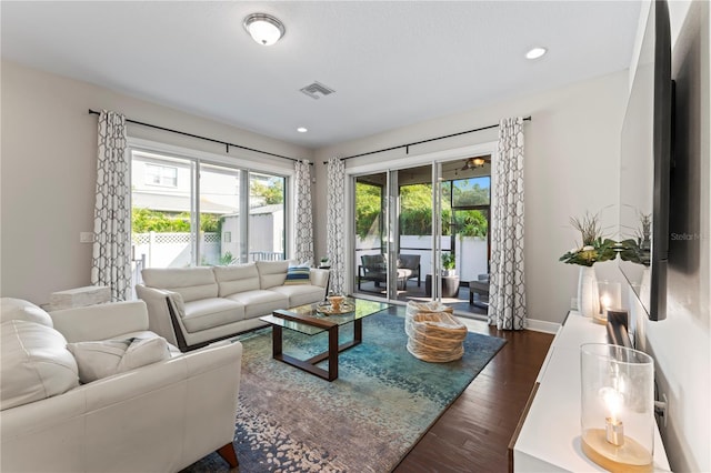 living room featuring dark hardwood / wood-style floors and a healthy amount of sunlight