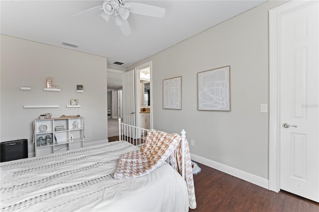 bedroom with ceiling fan and dark wood-type flooring