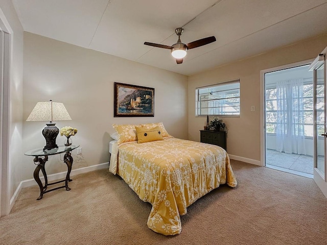 bedroom featuring access to exterior, carpet floors, and ceiling fan