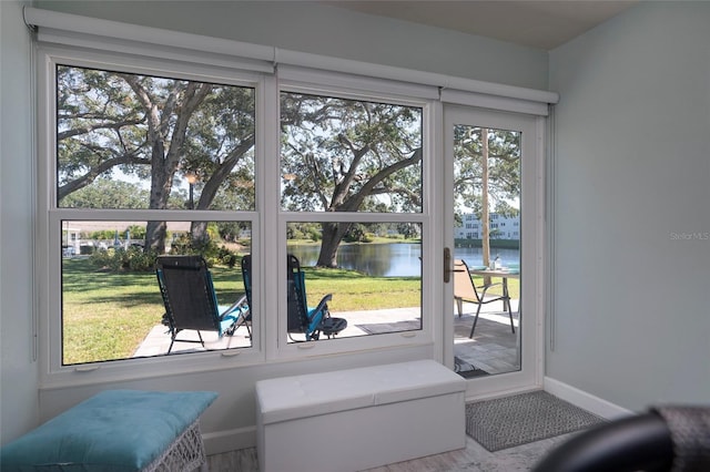 entryway with a water view, a wealth of natural light, and hardwood / wood-style flooring