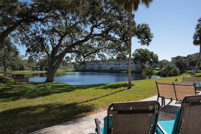 exterior space with a water view