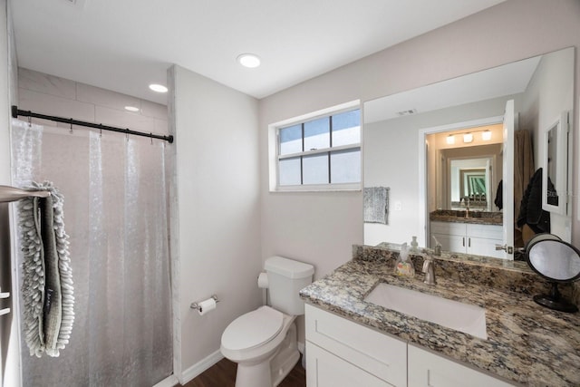 bathroom with curtained shower, wood-type flooring, toilet, and vanity