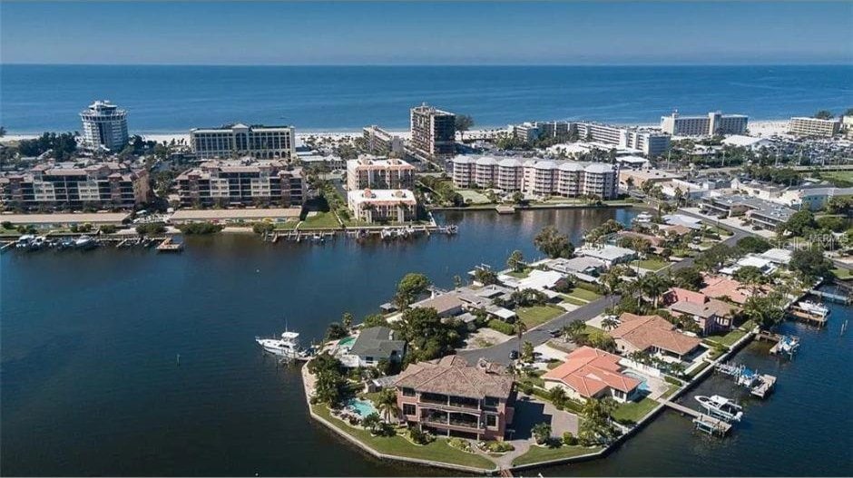 drone / aerial view featuring a water view