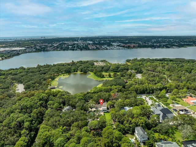 aerial view featuring a water view